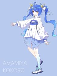 Rule 34 | 1girl, ahoge, alternate costume, amamiya kokoro, arm up, bell, blue background, blue dress, blue hair, breasts, character name, cleavage, dress, fang, full body, hair bell, hair between eyes, hair ornament, highres, inumoto, jacket, jingle bell, leg ribbon, long hair, long sleeves, nijisanji, outstretched arm, reaching, ribbon, shoes, skin fang, small breasts, smile, sneakers, solo, thigh ribbon, thighhighs, twintails, two side up, virtual youtuber, white footwear, white jacket, white thighhighs, yellow eyes, zipper