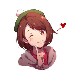 Rule 34 | 1girl, blush, brown eyes, brown hair, commentary request, creatures (company), game freak, gloria (pokemon), green hat, hat, heart, jacket, long sleeves, looking at viewer, medium hair, nintendo, one eye closed, pokemon, pokemon swsh, portrait, simple background, smile, white background, yumuto (spring1786)