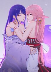 Rule 34 | 2girls, animal ears, artist name, beiyi, commentary, earrings, fox ears, genshin impact, hand on another&#039;s hip, hand on another&#039;s shoulder, highres, japanese clothes, jewelry, kimono, long hair, mole, mole under eye, multiple girls, off shoulder, parted lips, pink hair, purple eyes, purple hair, purple kimono, raiden shogun, smile, very long hair, yae miko, yuri
