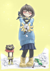Rule 34 | &gt; &lt;, 1girl, bear, black leggings, blue scarf, blue skirt, blue sweater, blush, boots, chiyo maru, crumbling, enpera, front ponytail, glasses, gloves, grin, hair over shoulder, leggings, long hair, long sleeves, open hands, original, outstretched arms, pleated skirt, scarf, signature, simple background, skirt, smile, snow, snowing, snowman, solo, standing, sweater, two-tone scarf, yellow background, yellow footwear, yellow gloves, yellow scarf