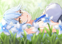 Rule 34 | 1girl, ahoge, blue bow, blue bowtie, blue hair, blue nails, blurry, blurry foreground, bow, bowtie, breasts, commentary, crossed bangs, day, expressionless, flower, from side, grass, hair between eyes, hair flower, hair ornament, highres, hikashou, hololive, large breasts, light blue hair, long hair, looking at viewer, lying, multicolored hair, nail polish, on back, on grass, open mouth, outdoors, plaid, plaid bow, plaid bowtie, plaid neckwear, shirt, sleeveless, sleeveless shirt, solo, streaked hair, symbol-only commentary, two-tone hair, upper body, virtual youtuber, white shirt, yellow eyes, yukihana lamy
