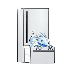 Rule 34 | black eyes, blucomon, digimon, digimon (creature), highres, ice, refrigerator, solo, tail