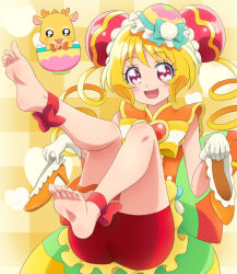 Rule 34 | 1girl, back bow, barefoot, bike shorts, blonde hair, bow, bowtie, brooch, bun cover, chinese clothes, commentary request, cure yum-yum, delicious party precure, double bun, dress, floating, gloves, green bow, hair bun, hanamichi ran, heart, heart brooch, high heels, highres, holding, holding shoes, huge bow, jewelry, leg ribbon, leg up, looking at viewer, magical girl, mameshiba (pixiv 59310), mem-mem (precure), open mouth, orange dress, precure, red eyes, red shorts, ribbon, shoes, unworn shoes, short dress, short hair, shorts, sleeveless, sleeveless dress, smile, soles, solo, white gloves, yellow bow, yellow bowtie, yellow footwear