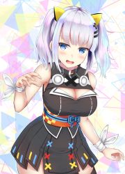 Rule 34 | 1girl, blue eyes, blush, breasts, cleavage, d-pad, d-pad hair ornament, grey hair, hair ornament, highres, kaguya luna, large breasts, looking at viewer, open mouth, primamiya, short hair, short twintails, smile, solo, the moon studio, twintails, virtual youtuber