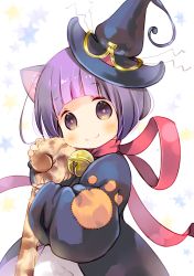 Rule 34 | 1girl, animal ears, bell, blush, closed mouth, commentary request, copyright request, hat, jingle bell, kuga tsukasa, long sleeves, looking at viewer, purple eyes, purple hair, red ribbon, ribbon, short hair, sleeves past wrists, smile, solo, staff, upper body, wide sleeves, witch, witch hat