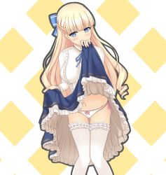 Rule 34 | 1girl, blonde hair, blue bow, blue eyes, blue skirt, blush, bow, braid, breasts, clothes lift, hair bow, hand up, knees together feet apart, legs together, lifted by self, long hair, looking at viewer, medium breasts, mireille (sennen sensou aigis), mun (gunma), navel, panties, pantyshot, sennen sensou aigis, side-tie panties, simple background, skirt, skirt lift, solo, standing, thighhighs, underwear, very long hair, white panties, white thighhighs