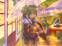 Rule 34 | bar (place), blue eyes, bow, commentary, english commentary, expressionless, fur-trimmed jacket, fur trim, green hair, hair bow, hatsune miku, holding, holding umbrella, jacket, lamppost, long hair, looking at viewer, neriw, outdoors, plaid, plaid bow, plaid scarf, plaid skirt, rain, scarf, shirt, skirt, transparent, transparent umbrella, tree, twintails, umbrella, upper body, very long hair, vocaloid, waiter, window, yellow shirt