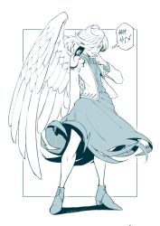 Rule 34 | bow, bowtie, character name, commentary request, daitai konna kanji, dress, feathered wings, full body, hair over one eye, hand to own mouth, hand up, high heels, jacket, kishin sagume, long sleeves, looking at viewer, medium hair, monochrome, simple background, single wing, touhou, white background, wings