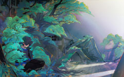 Rule 34 | 1boy, absurdres, black pants, building, closed eyes, fengxi (the legend of luoxiaohei), highres, kkia, leaf, long sleeves, pants, plant, pointy ears, profile, shadow, solo, luo xiaohei zhanji, tree, wide shot