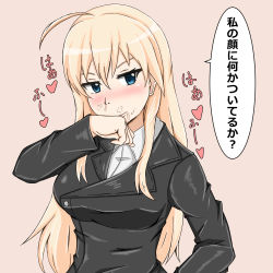 Rule 34 | ahoge, blonde hair, blouse, blue eyes, blush, breasts, commentary, cowboy shot, hanna-justina marseille, heart, highres, long hair, medium breasts, omuraisumann, pink background, runny nose, shirt, simple background, smile, snot, solo, standing, strike witches, translation request, white shirt, wiping mouth, world witches series