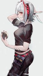 Rule 34 | 1girl, arknights, black nails, black pants, black shirt, blush, breasts, commentary request, cowboy shot, from side, grey background, highres, holding, holding knife, holding rock, horns, knife, looking at viewer, midriff peek, nail polish, official alternate costume, orange eyes, pants, pouch, profile, rock, shirt, short hair, short sleeves, silver hair, simple background, small breasts, smile, solo, standing, w (arknights), w (fugue) (arknights), werlt