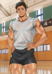 Rule 34 | 1boy, absurdres, bara, biceps, black eyes, black hair, blurry, blurry background, blush, briefs, feet out of frame, gym, haikyuu!!, hand on own hip, highres, looking at viewer, male focus, male underwear, manly, muscular, muscular male, pectorals, sawamura daichi, see-through, see-through shirt, shirt, short hair, shorts, smile, solo, spiked hair, suyohara, sweat, sweatdrop, t-shirt, tan, thick thighs, thighs, tight clothes, underwear, volleyball net, wet, wet clothes, window