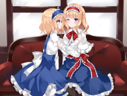 Rule 34 | 2girls, alice margatroid, alice margatroid (pc-98), black legwear, blonde hair, blue dress, blue eyes, blue skirt, capelet, couch, day, dress, from side, hairband, hands on another&#039;s shoulders, highres, indoors, light blush, lolita hairband, long sleeves, looking at another, looking at viewer, multiple girls, nanatuki13, on couch, one eye closed, pantyhose, petticoat, profile, red neckwear, red ribbon, ribbon, sash, shirt, short hair, sitting, skirt, smile, time paradox, touhou, touhou (pc-98), white capelet, white legwear, white shirt, window, yuri