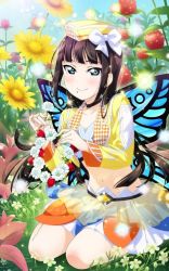 Rule 34 | 1girl, animal print, artist name, artist request, bandeau, bare legs, belt, black belt, black choker, black hair, blue sky, blunt bangs, blush, bow, breasts, butterfly print, butterfly wings, choker, cleavage, cloud, collarbone, cropped jacket, day, dress, dress shirt, female focus, field, flower, flower field, grass, green eyes, hair over shoulder, hat, hat bow, holding, holding flower, insect wings, jacket, kurosawa dia, layered skirt, leaf skirt, long hair, long sleeves, looking at viewer, love live!, love live! school idol festival, love live! sunshine!!, miniskirt, mitaiken horizon, mole, mole under mouth, nail, nail polish, on grass, outdoors, parted lips, pink nails, plaid, plaid skirt, pleated, pleated skirt, shirt, skirt, sky, small breasts, solo, sparkle, white bow, white skirt, wings, yellow flower, yellow hat, yellow jacket