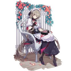 Rule 34 | 1girl, chair, chocolate, flower, food, full body, gloves, high heels, holding, holding chocolate, holding food, honkai (series), honkai impact 3rd, light brown hair, long hair, maid, maid headdress, official art, petals, purple eyes, ribbon, rita rossweisse, sitting, smile, third-party source, transparent background