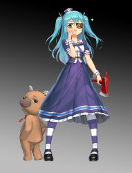 Rule 34 | 1girl, absurdres, axe, bad id, bad pixiv id, blue hair, dress, eyepatch, fire axe, full body, hat, highres, last origin, long hair, looking at viewer, lrl (last origin), mary janes, pantyhose, print eyepatch, sailor dress, sailor hat, shoes, striped clothes, striped pantyhose, stuffed animal, stuffed toy, taktori, teddy bear, two side up, yellow eyes