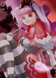 Rule 34 | 1girl, bow, capelet, female focus, ghost, long hair, long sleeves, midriff, one piece, perona, pink hair, pirate, satou (milco7), short cape, skirt, solo, striped legwear, twintails, umbrella