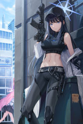 Rule 34 | 2girls, absurdres, assault rifle, bare shoulders, belt, black gloves, black hair, blue archive, blue eyes, breasts, cryturtle, gloves, gun, halo, hat, highres, holding, holding gun, holding weapon, hoshino (blue archive), jacket, knife, long hair, looking at viewer, midriff, multiple girls, navel, off shoulder, pink hair, pleated skirt, rifle, saori (blue archive), sheath, sheathed, skirt, smile, solo focus, weapon