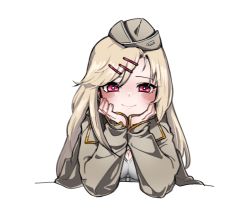 Rule 34 | 1girl, blonde hair, blush, head rest, closed mouth, girls&#039; frontline, hair ornament, hairclip, hat, jacket, long hair, looking at viewer, m1919a4 (girls&#039; frontline), mogijabgo, open clothes, red eyes, simple background, smile, solo