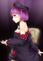 Rule 34 | 1girl, bare shoulders, book, detached sleeves, fate/grand order, fate (series), flat chest, hat, helena blavatsky (fate), helena blavatsky (third ascension) (fate), looking at viewer, looking to the side, profile, purple eyes, purple hair, rokukatamari, short hair, smile, solo
