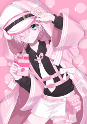 Rule 34 | 1boy, absurdres, blue eyes, coat, drinking, etou ( eto 999), hair over one eye, hat, highres, hood, hooded coat, long sleeves, male focus, one eye covered, open mouth, original, pastel colors, pink background, pink hair, pink theme, print coat, short hair, short shorts, shorts, solo, strawberry milk, teeth, thigh strap, trap, white hat, yume kawaii