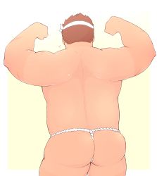 Rule 34 | 1boy, 3c pan, ass, back, bara, belly, brown hair, cowboy shot, flexing, flying sweatdrops, from behind, fundoshi, headband, highres, japanese clothes, male focus, muscular, muscular male, short hair, solo, spiked hair, tamamura gunzo, tan, tanline, thick thighs, thighs, tokyo houkago summoners, topless male, underwear, underwear only