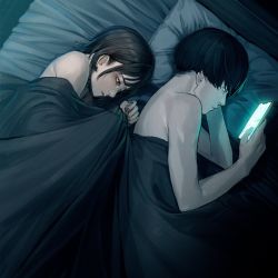 Rule 34 | 1boy, 1girl, bare shoulders, bed, black hair, blanket, blue eyes, cellphone, commentary request, daikon (tomohiro158), from above, highres, holding, holding phone, looking at phone, looking down, lying, nail polish, nude, on side, original, phone, pillow, short hair, smartphone