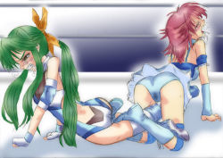Rule 34 | 2girls, artist request, ass, blush, boots, breasts, clenched teeth, drooling, elbow pads, closed eyes, green hair, hair ribbon, knee pads, long hair, multiple girls, open mouth, panties, pink hair, ponytail, ribbon, ryona, sakurai chisato, saliva, screaming, short hair, submission, tears, teeth, underwear, watanabe tomomi, wrestle angels, wrestle angels survivor, wrestling, wrestling outfit, wrestling ring
