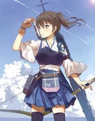 Rule 34 | 10s, 1girl, bow (weapon), brown eyes, brown hair, cloud, day, highres, japanese clothes, kaga (kancolle), kantai collection, muneate, side ponytail, skirt, sky, solo, stflash, thighhighs, water, weapon, zettai ryouiki