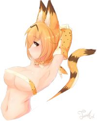 Rule 34 | 10s, 1girl, animal ears, armpits, arms behind head, artist name, bandeau, bow, bowtie, breasts, covered erect nipples, elbow gloves, gloves, highres, joosi, kemono friends, large breasts, looking at viewer, navel, orange hair, serval (kemono friends), serval print, serval tail, short hair, sketch, solo, tail, transparent background, upper body, yellow eyes