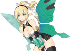 Rule 34 | 1girl, bare shoulders, blonde hair, blush, bow, breasts, cleavage, closed mouth, clothing cutout, commentary request, dress, elbow gloves, gloves, hair bow, long hair, looking at viewer, max factory, mechanical wings, medium breasts, original, pointy ears, ponytail, shiny skin, short dress, sidelocks, simple background, sleeveless, smile, solo, thighhighs, tony taka, wings