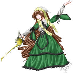 Rule 34 | 00s, 1girl, 2006, adrian villeqas, brown hair, dress, closed eyes, frilled dress, frills, full body, green dress, long hair, open mouth, outstretched arm, rozen maiden, solo, straightchromia, suiseiseki, very long hair, watering can, white background