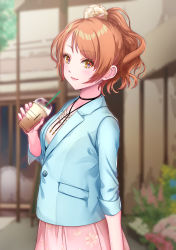 Rule 34 | 1girl, blue jacket, brown hair, choker, cup, disposable cup, drink, drinking straw, flower, hair flower, hair ornament, highres, hojo karen, holding, holding cup, idolmaster, idolmaster cinderella girls, idolmaster cinderella girls starlight stage, jacket, looking at viewer, maou (demonlord), nail polish, outdoors, pink skirt, shirt, skirt, sleeves rolled up, smile, solo, twitter, yellow eyes