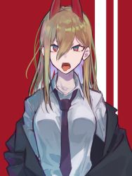 Rule 34 | + +, 1girl, absurdres, black necktie, blonde hair, chainsaw man, collared shirt, cross-shaped pupils, demon girl, demon horns, hair between eyes, highres, horns, jacket, long hair, long sleeves, necktie, off shoulder, open clothes, open jacket, open mouth, power (chainsaw man), red background, red eyes, sharp teeth, shirt, solo, symbol-shaped pupils, teeth, toga (toganawa), tongue, tongue out, upper body, white shirt