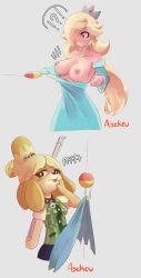 Rule 34 | !?, 2girls, absurdres, animal crossing, animal ears, artist name, asekeu, assisted exposure, bell, blonde hair, blue dress, blue eyes, blue skirt, blush, blush stickers, breasts, closed mouth, collar, collarbone, crown, dog ears, dog girl, dress, embarrassed, female focus, fishing rod, furry, furry female, green vest, grey background, hair bell, hair ornament, hair over one eye, half-closed eyes, hand on own face, hand up, highres, isabelle (animal crossing), jingle bell, large breasts, long hair, long sleeves, looking at viewer, looking down, mario (series), miniskirt, multiple girls, neck bell, nintendo, nipples, no bra, nose blush, open mouth, pencil skirt, plaid, plaid vest, rosalina, shirt, short hair, short sleeves, signature, simple background, skirt, small breasts, smile, smug, standing, super mario galaxy, super smash bros., surprised, topknot, torn clothes, torn dress, vest, white shirt