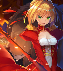 Rule 34 | 10s, 1girl, aestus estus, blonde hair, breasts, cleavage, epaulettes, fate/extra, fate (series), green eyes, hair ribbon, highres, lion, looking to the side, medium breasts, mhong, nero claudius (fate), nero claudius (fate), nero claudius (fate/extra), red ribbon, ribbon, short hair, solo, sword, weapon