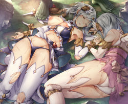 Rule 34 | 2girls, akari (angel) (princess connect!), akari (princess connect!), ass, blue skirt, breasts, bridal gauntlets, broken, broken weapon, closed eyes, clothes lift, defeat, detached sleeves, dress, grass, grey hair, hair ornament, imminent rape, large breasts, lying, monster, multiple girls, navel, nipples, on back, on floor, on side, open mouth, outdoors, pink dress, princess connect!, revealing clothes, rock, ryona, scratches, shadow, sharp toenails, short hair, siblings, sisters, skirt, skirt lift, sleeveless, sleeveless dress, staff, standing, sugiyuu, sweat, thighhighs, toenails, torn clothes, torn dress, torn legwear, torn sleeves, twins, twintails, weapon, white legwear, wings, yori (angel) (princess connect!), yori (princess connect!)