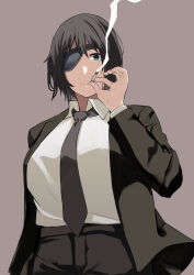 Rule 34 | 1girl, eyepatch, black hair, black jacket, black necktie, black pants, breasts, chainsaw man, cigarette, closed mouth, collared shirt, cowboy shot, cup-chan, eyepatch, female focus, green eyes, highres, himeno (chainsaw man), jacket, large breasts, necktie, pants, shirt, short hair, simple background, smoke, smoking, suit jacket, tagme, white shirt, wing collar