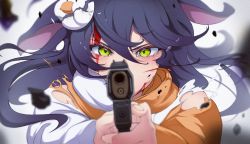 Rule 34 | 1girl, abck8a9ra5m5pr, aiming, aiming at viewer, animal ears, apex legends, b3 wingman, black hair, blood, blood on face, blurry, blurry foreground, chinese commentary, commentary request, duck hair ornament, film grain, floating hair, geebar, glaring, green eyes, gun, hair between eyes, handgun, highres, holding, holding gun, holding weapon, hood, hoodie, long hair, looking at viewer, orange hoodie, original, personification, straight-on, tearing up, tears, two-tone hoodie, weapon, white background, white hoodie