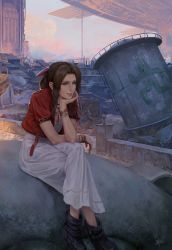 Rule 34 | 1girl, aerith gainsborough, boots, bow, bracelet, braid, brown hair, cityscape, cropped jacket, crossed legs, dress, final fantasy, final fantasy vii, final fantasy vii remake, full body, green eyes, hair ribbon, head rest, highres, jacket, jewelry, justin leyva (steamy tomato), long hair, midgar, outdoors, parted bangs, pink bow, pink ribbon, realistic, red jacket, ribbon, scenery, sitting, smile, solo, square enix