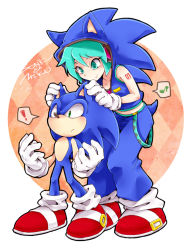 Rule 34 | !, 1girl, aqua eyes, aqua hair, cosplay, crossover, full body, furry, furry male, gloves, hatsune miku, musical note, project diva (series), project diva extend, sega, smile, snout, sonic (series), sonic the hedgehog, sonic the hedgehog (cosplay), standing, vocaloid, wantake, yamaha