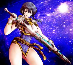 Rule 34 | 1girl, absurdres, armor, belt, black hair, breastplate, commission, commissioner upload, drawing sword, fire emblem, fire emblem: genealogy of the holy war, glint, gloves, highres, holding, holding sword, holding weapon, larcei (fire emblem), night, nintendo, no panties, pauldrons, pelvic curtain, purple eyes, sheath, shooting star, shoulder armor, skirt, smile, smug, solo, sword, tana taka 3rder, thighs, tomboy, tunic, unsheathing, weapon, white armor