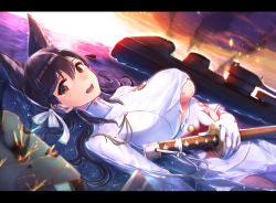 Rule 34 | 1girl, animal ears, atago (azur lane), azur lane, black eyes, black hair, blood, breasts, gloves, hair ribbon, highres, large breasts, letterboxed, long hair, looking at viewer, lying on water, mappaninatta, mole, mole under eye, no bra, ocean, revision, ribbon, solo, sword, tears, torn clothes, water, weapon, white gloves