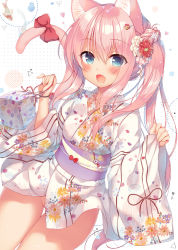Rule 34 | 1girl, :d, animal ear fluff, animal ears, blue eyes, blush, bow, braid, breasts, cat ears, cat girl, cat tail, commentary request, cowboy shot, dutch angle, fang, fish, floral print, flower, hair between eyes, hair flower, hair ornament, hairclip, hands up, heart, holding, japanese clothes, kimono, long hair, long sleeves, looking at viewer, no panties, open mouth, original, partially visible vulva, petal print, pink hair, red bow, sash, sazaki ichiri, skin fang, sleeves past wrists, small breasts, smile, solo, standing, tail, tareme, thigh gap, thighs, triangle, white background, white kimono, white sleeves, wide sleeves, wristband