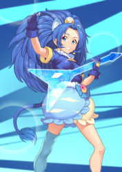 Rule 34 | 1girl, absurdres, animal ears, arm up, asymmetrical legwear, blue eyes, blue gloves, blue hair, blue jacket, blue skirt, blue thighhighs, breasts, cure gelato, earrings, extra ears, gloves, grin, hair tubes, highres, holding, holding instrument, huai diao de zongzi, instrument, jacket, jewelry, kirakira precure a la mode, lion ears, lion girl, lion tail, long hair, miniskirt, precure, short sleeves, single thighhigh, skirt, small breasts, smile, solo, standing, tail, tategami aoi, thighhighs, two-tone skirt, uneven legwear, very long hair, yellow skirt