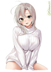 Rule 34 | 1girl, alternate costume, antenna hair, between legs, blush, breast press, breasts, cowboy shot, ebifurya, green eyes, grey hair, hair between eyes, hair tie, highres, kantai collection, kinugasa (kancolle), kinugasa kai ni (kancolle), large breasts, long sleeves, looking at viewer, medium hair, one-hour drawing challenge, open mouth, ribbed sweater, simple background, sitting, sleeves past wrists, smile, solo, sweater, twitter username, white background, white sweater