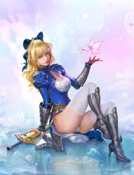 Rule 34 | 2girls, absurdres, ahoge, armor, armored boots, armored dress, artoria pendragon (fate), blonde hair, blue bow, blue eyes, boots, bow, breasts, bubble background, cleavage, cleavage cutout, clothing cutout, elbow pads, excalibur (fate/stay night), fairy, fairy wings, fate/stay night, fate (series), faulds, full body, gauntlets, hair bow, high heel boots, high heels, highres, jiayuan song, juliet sleeves, lips, long sleeves, medium breasts, medium hair, multiple girls, nose, on water, panties, pantyshot, puffy sleeves, realistic, saber (fate), sitting, sitting on water, solo focus, thighhighs, underwear, white legwear, white panties, wings