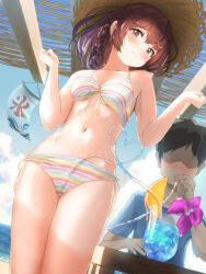 Rule 34 | beach, bikini, blush, braid, brown hair, check commentary, commentary request, drinking straw, drinking straw in mouth, dutch angle, front-tie bikini top, front-tie top, hat, highres, holding, holding drinking straw, long hair, original, outdoors, short hair, side-tie bikini bottom, sidelocks, straw hat, striped bikini, striped clothes, swimsuit, tachiinu