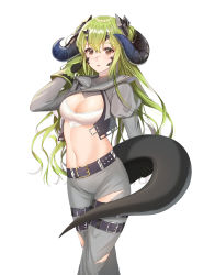 Rule 34 | 1girl, absurdres, ame 816, arknights, belt, black belt, breasts, brown eyes, cleavage, commentary request, cowboy shot, dragon horns, estelle (arknights), green hair, hair between eyes, hand in own hair, highres, horns, large breasts, long hair, long sleeves, looking at viewer, navel, pants, simple background, solo, stomach, tail, thigh strap, torn clothes, torn pants, white background