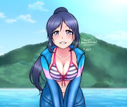 Rule 34 | 1girl, artist name, artist request, bikini, blue bikini, blue bodysuit, blue hair, blue sky, blush, bodysuit, bow, bow bikini, breasts, center opening, cleavage, cloud, collarbone, day, diving, diving suit, female focus, freediving, front-tie bikini top, front-tie top, hair between eyes, halterneck, high ponytail, highres, long hair, looking at viewer, love live!, love live! school idol festival, love live! sunshine!!, matsuura kanan, medium breasts, mountain, ocean, outdoors, parted lips, ponytail, purple eyes, rat (rat of drawn), rat of drawn, side-tie bikini bottom, sky, smile, solo, striped bikini, striped bikini top, striped clothes, swimsuit, unzipped, wetsuit